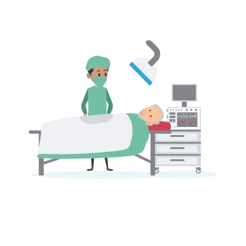 Zorgverlener behandelt pati&euml;nt aan het bed met medisch instrument.