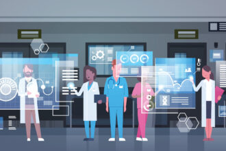 Illustratie van zorgverleners voor digitale schermen met data, als symbool voor data-driven zorgverbetering