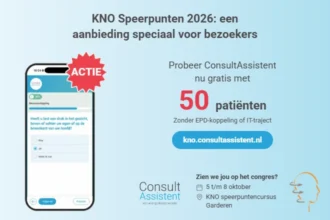 Aanbieding Speerpuntencursus KNO 2026: probeer ConsultAssistent gratis met 50 patiënten, zonder EPD-koppeling. Telefoon toont een KNO-vraag uit de auto-anamnese.